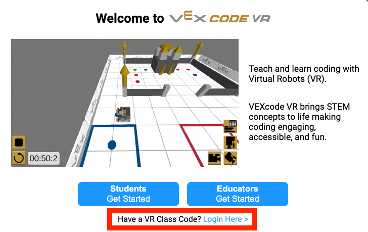 VEXcode VR 로그인 화면 (수업 로그인 및 로그인 옵션 포함)