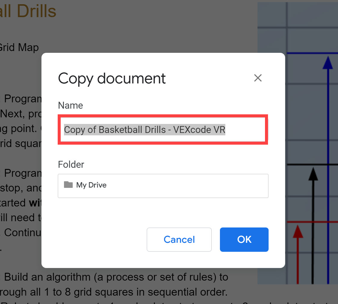 Επιλογή μενού Google Drive για μετονομασία ενός έργου VEXcode VR