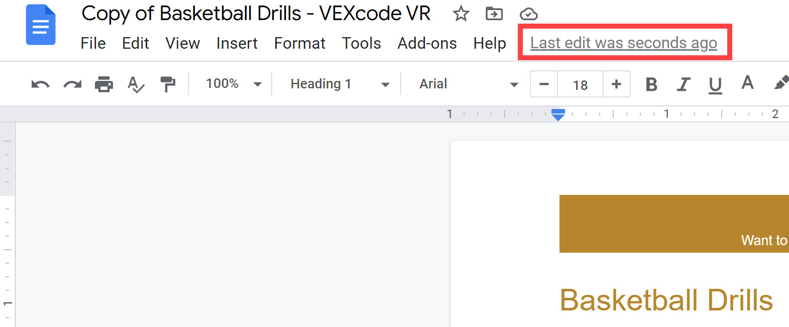 Χώρος εργασίας VEXcode VR που εμφανίζει το Playground και τις επιλογές γραμμής εργαλείων για τη διαχείριση πόρων έργου με το Google Drive