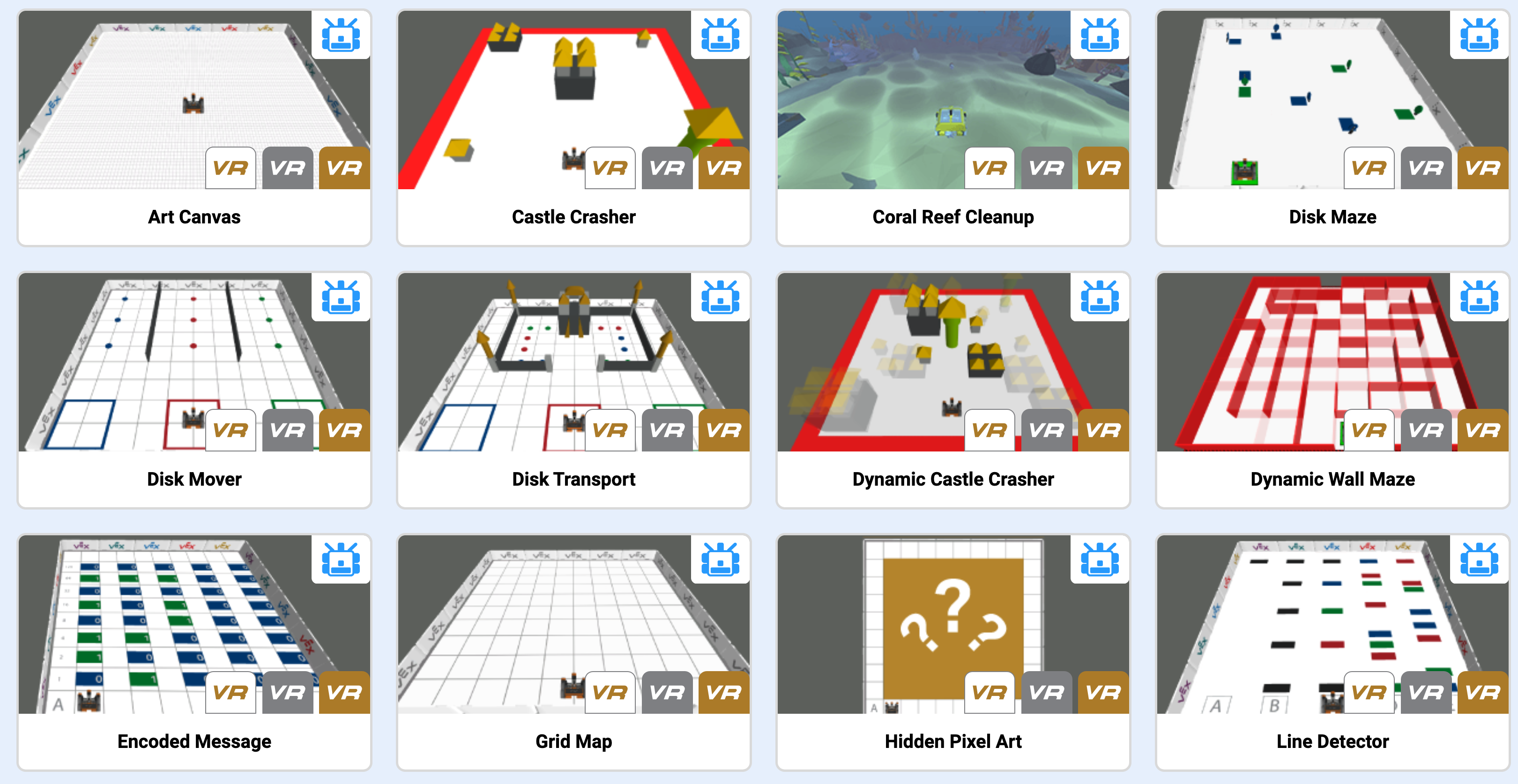 Χώρος εργασίας κωδικοποίησης VEXcode VR που βασίζεται σε μπλοκ με εικονική ρομποτική παιδική χαρά και πίνακα μπλοκ έργων