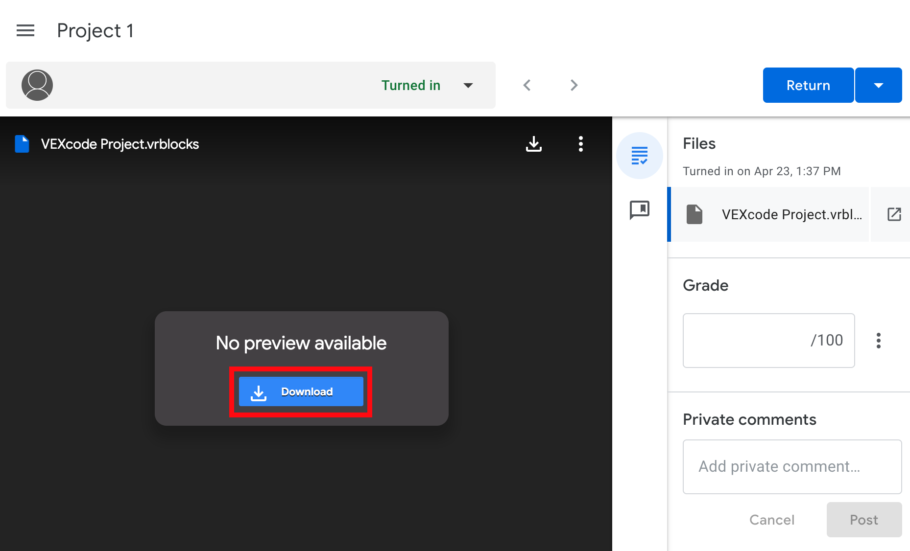 Σελίδα Google Drive με το κουμπί Λήψης για ένα αρχείο έργου VEXcode VR