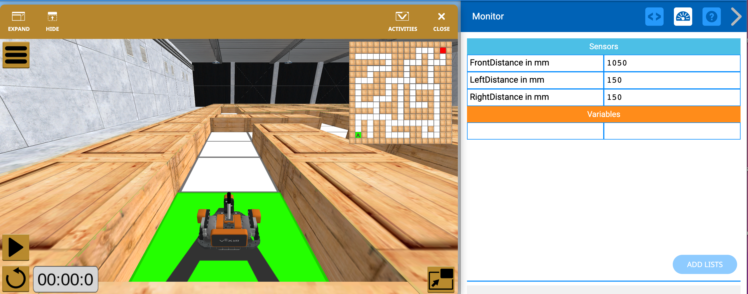 VEXcode VR Playground που δείχνει τον χώρο εργασίας κωδικοποίησης MazeBot με στοιχεία ελέγχου για την εκτέλεση και τον εντοπισμό σφαλμάτων του έργου