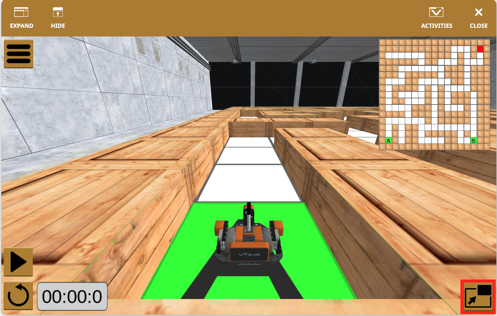 Χώρος εργασίας VEXcode VR με Wall Maze+ Playground και τουβλάκια για να πλοηγηθείτε στο ρομπότ μέσα στον λαβύρινθο