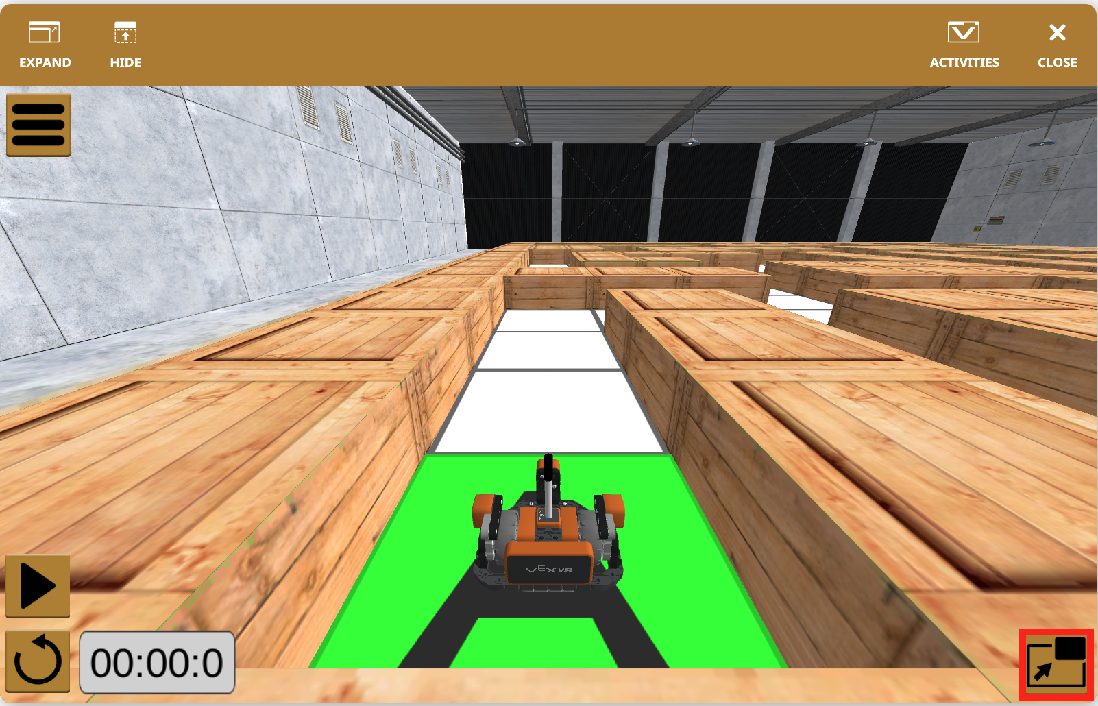 Χώρος εργασίας VR VEXcode με το Wall Maze+ Playground και την προβολή λαβυρίνθου για τον προγραμματισμό του ρομπότ VR