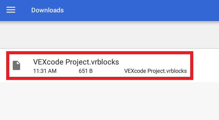 Αποθηκευμένο αρχείο έργου VEXcode VR στον φάκελο Λήψεις Android