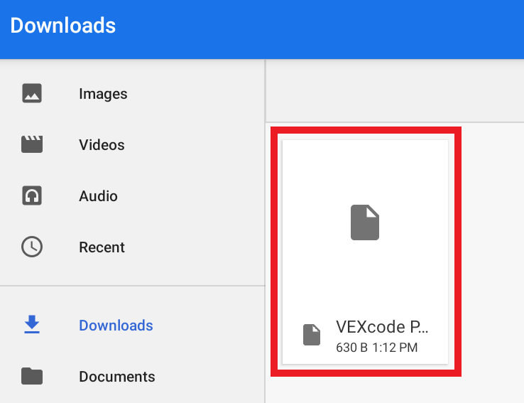 Επιλεγμένο αρχείο έργου VEXcode VR στην εφαρμογή Android Files