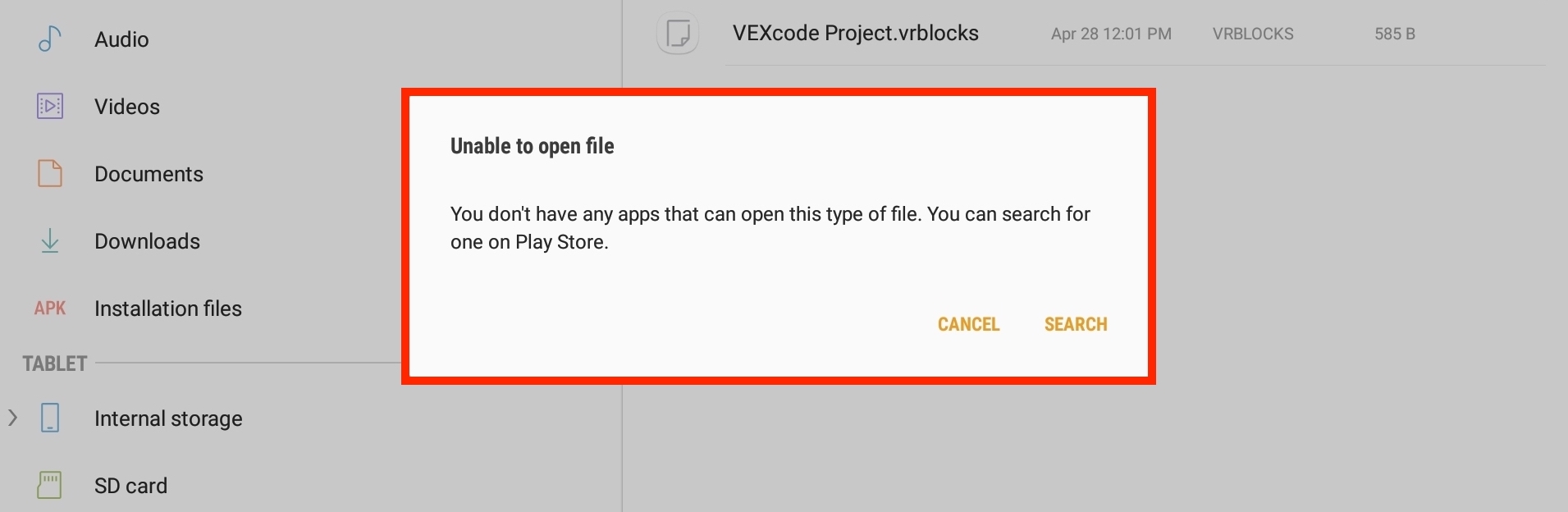 Μενού VEXcode VR που εμφανίζει επιλογές για φόρτωση ή αποθήκευση ενός έργου σε μια συσκευή Android