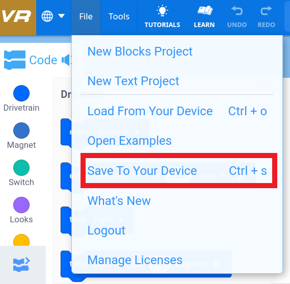 Αποθήκευση έργου VEXcode VR σε συσκευή Android