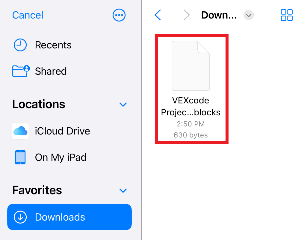 Το αρχείο έργου VEXcode VR στον φάκελο "Λήψεις" του iPad είναι έτοιμο για άνοιγμα