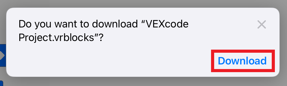 Προτροπή iPad για να επιτρέπονται οι λήψεις κατά την αποθήκευση ενός έργου VEXcode VR