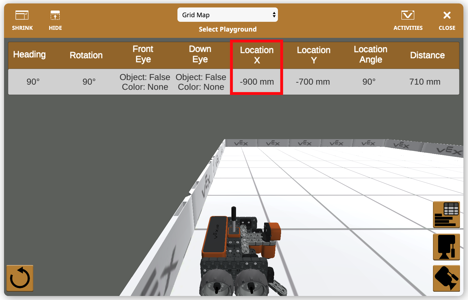 Πίνακας ελέγχου VR VEXcode που δείχνει την παιδική χαρά, τα χειριστήρια ρομπότ και τη διάταξη του χώρου εργασίας κωδικοποίησης