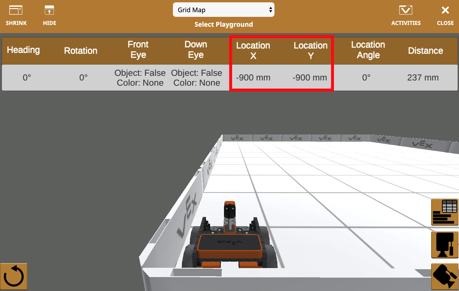 Θέση ρομπότ στο πλέγμα συντεταγμένων VEXcode VR