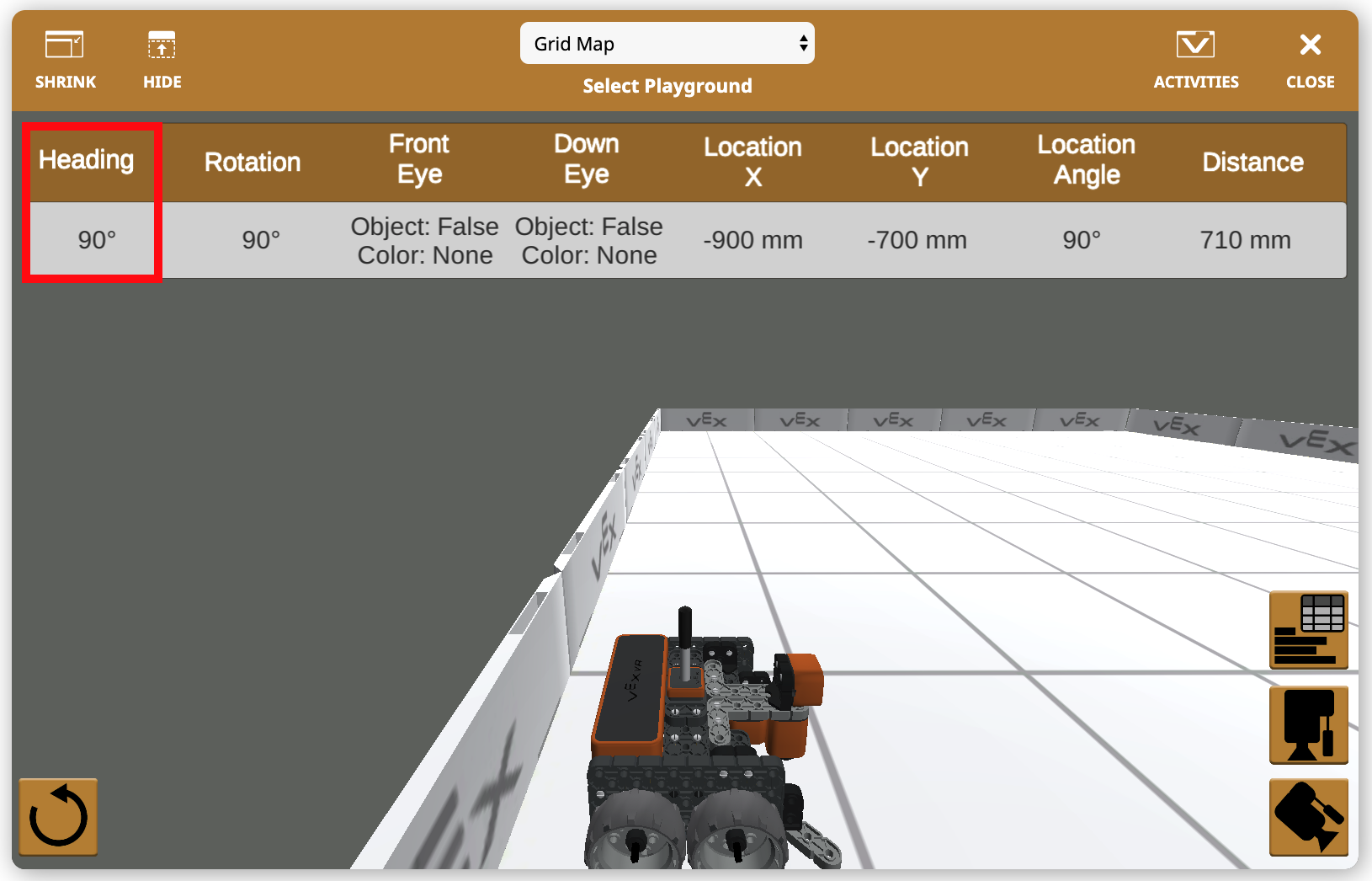 Διεπαφή VEXcode VR που δείχνει τον Πίνακα Ελέγχου, το Playground, τη γραμμή εργαλείων μπλοκ και τα στοιχεία ελέγχου έργου για τον προγραμματισμό ενός εικονικού ρομπότ