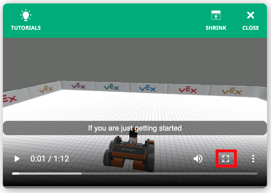 Χώρος εργασίας πλήρους οθόνης VEXcode VR με ορατή την περιοχή κωδικοποίησης και το εικονικό ρομπότ