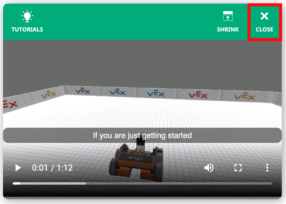 Κλείσιμο επικάλυψης βίντεο εκμάθησης στο VEXcode VR