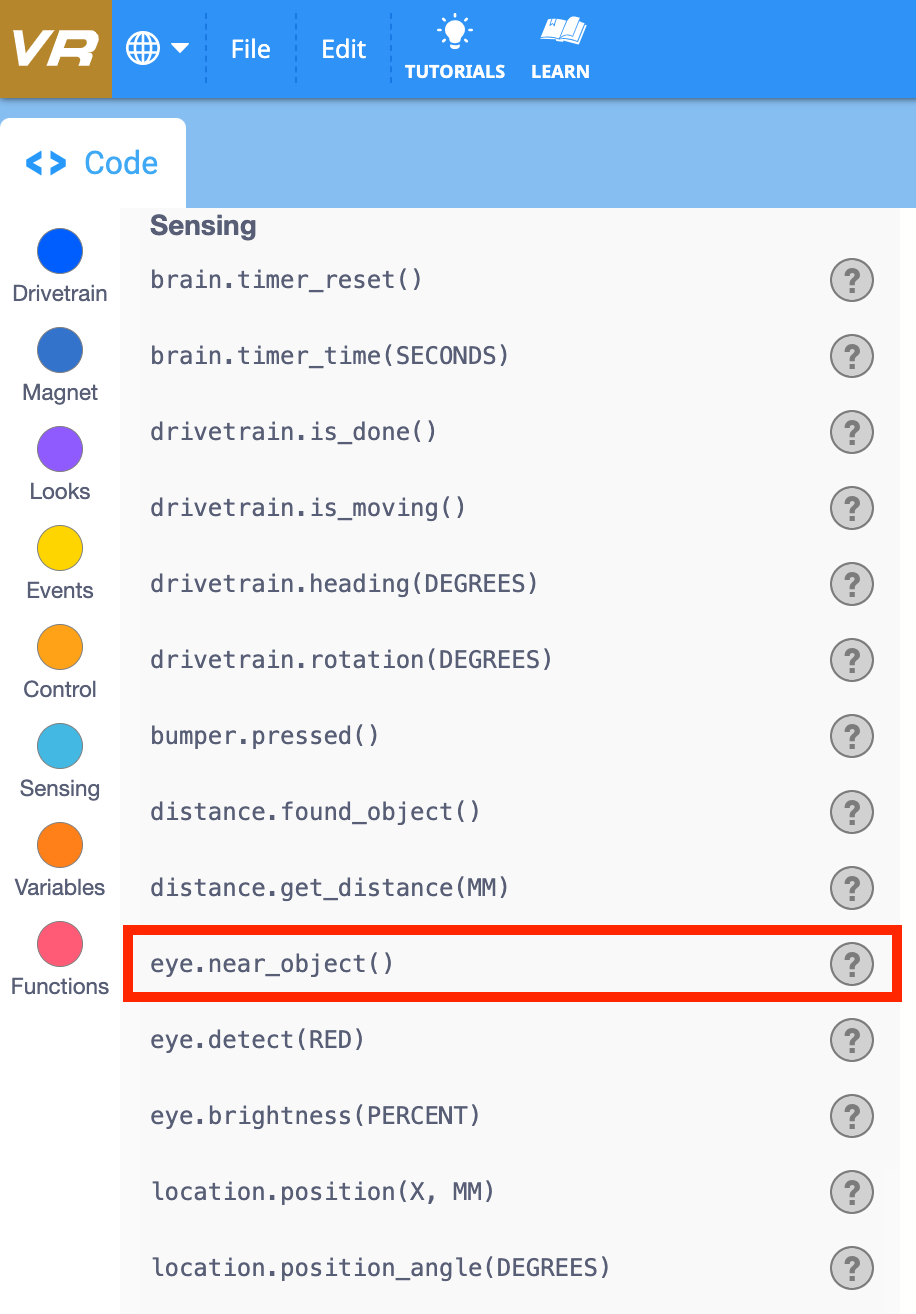 Διάγραμμα του ρομπότ VR VEXcode που δείχνει τη θέση του αισθητήρα ματιού και άλλα κύρια εξαρτήματα