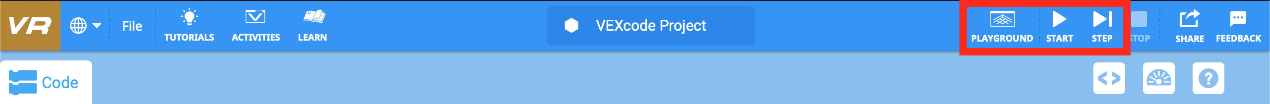 Γραμμή εργαλείων VEXcode VR Playground που εμφανίζει τα χειριστήρια Έναρξη και Βήμα