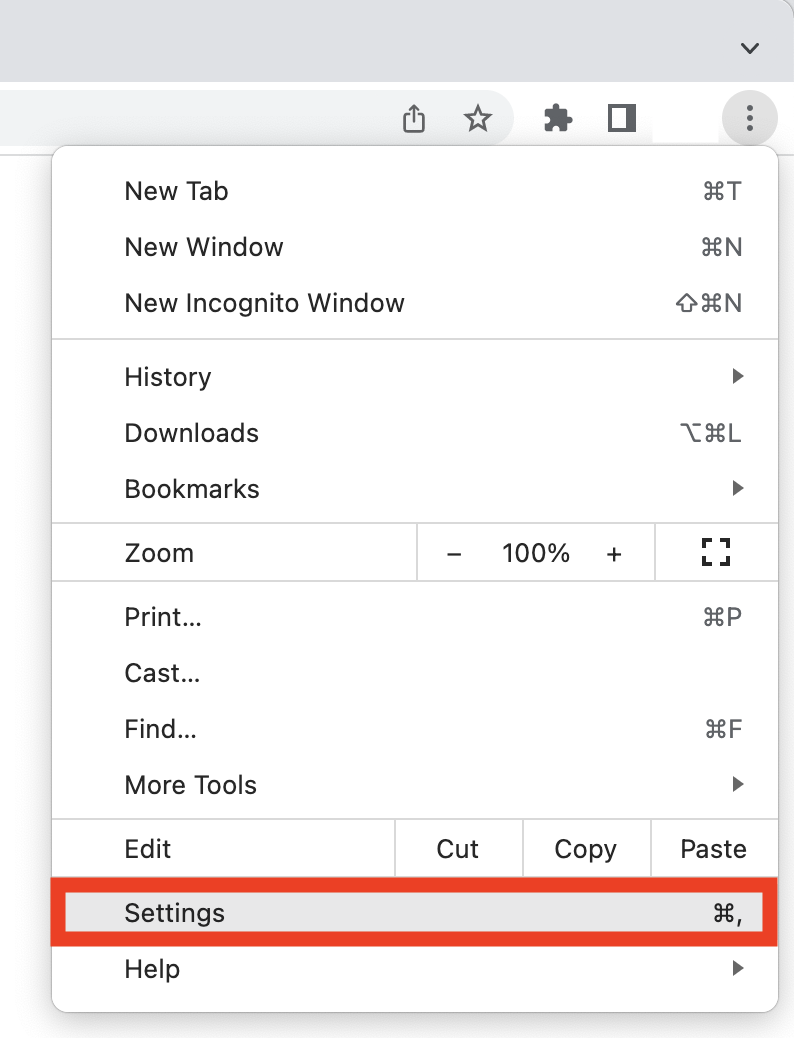 Μενού ρυθμίσεων του Google Chrome για την αντιμετώπιση προβλημάτων οθόνης VEXcode VR