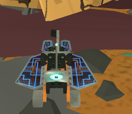 VEXcode VR Rover Rescue playground με το rover να πλησιάζει εμπόδια και κινδύνους.