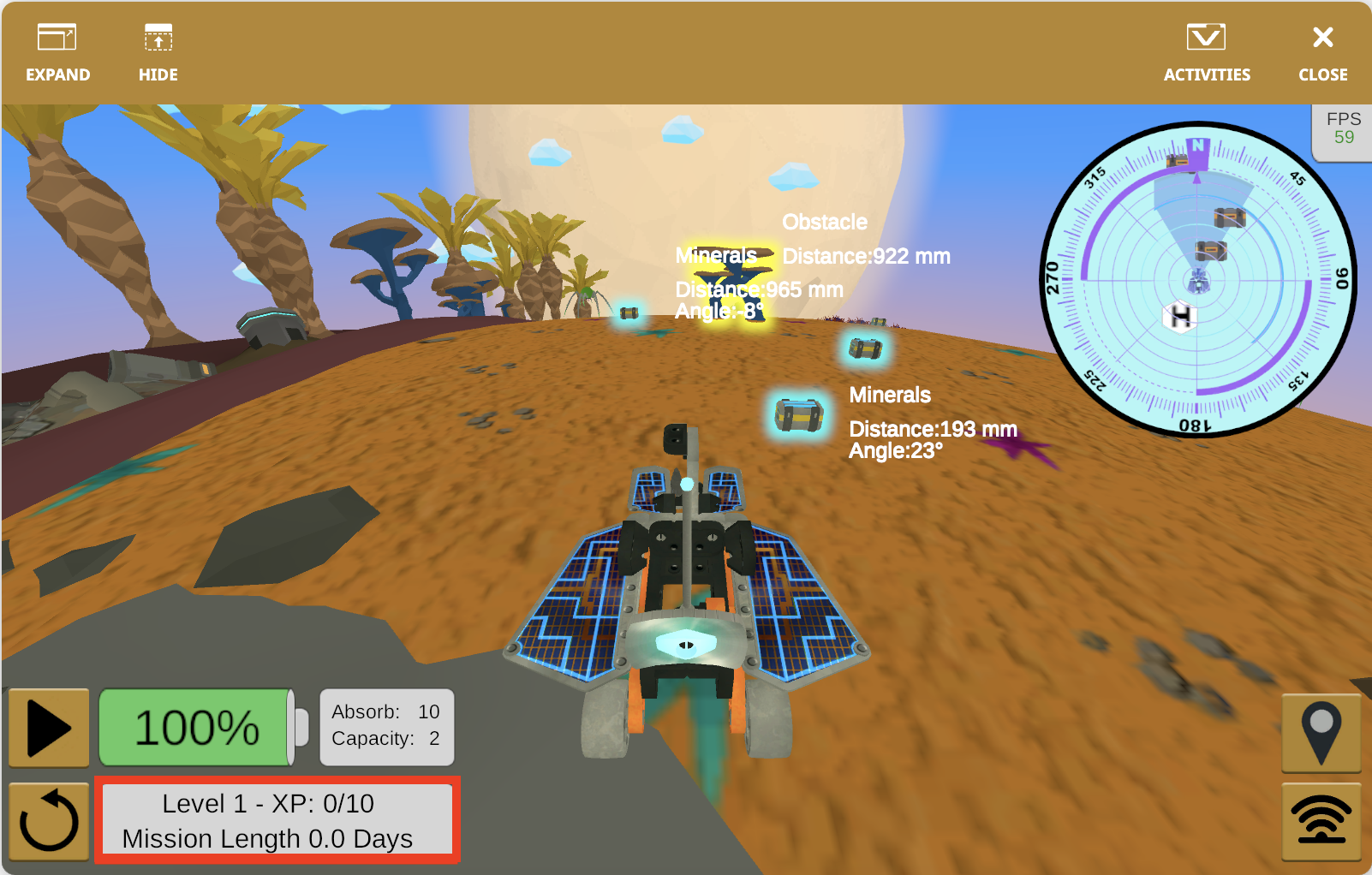 VEXcode VR με ανοιχτή την παιδική χαρά Rover Rescue, που δείχνει το rover, τον χώρο εργασίας κωδικοποίησης και τα χειριστήρια της παιδικής χαράς