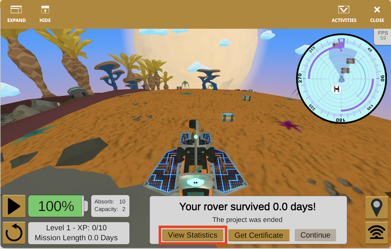 Διεπαφή VEXcode VR με το παράθυρο Rover Rescue Playground και τον χώρο εργασίας κωδικοποίησης που βασίζεται σε μπλοκ.