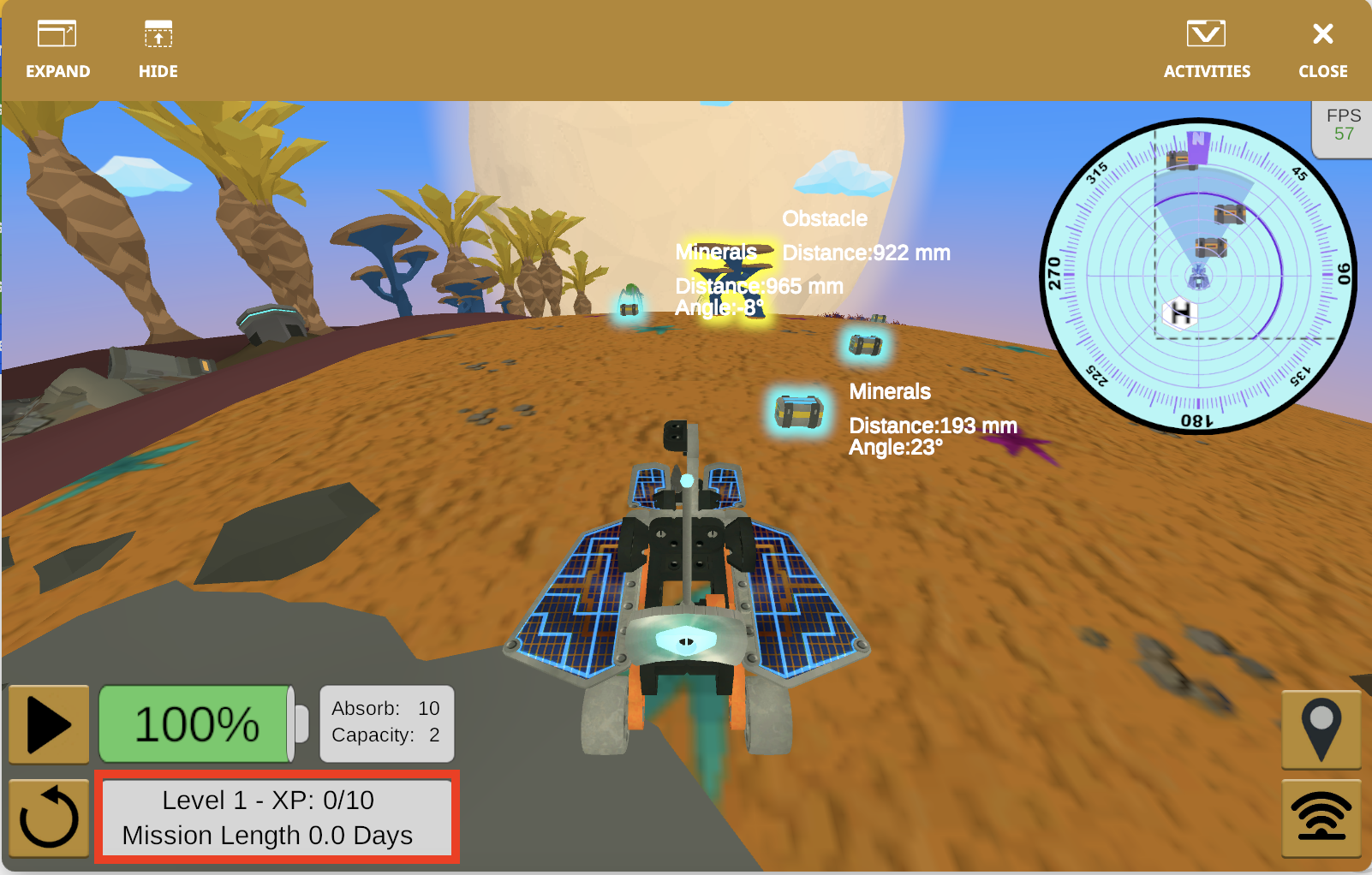 Χώρος εργασίας VEXcode VR Rover Rescue με κώδικα μπλοκ και την παιδική χαρά του rover για την ολοκλήρωση του επιπέδου