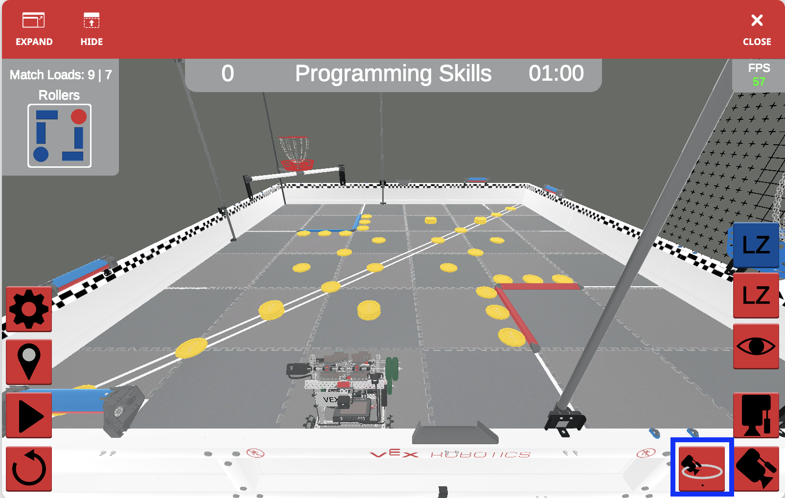 Το παράθυρο VEXcode VR Playground που δείχνει τον χώρο εργασίας μπλοκ δίπλα στο πεδίο V5RC Spin Up