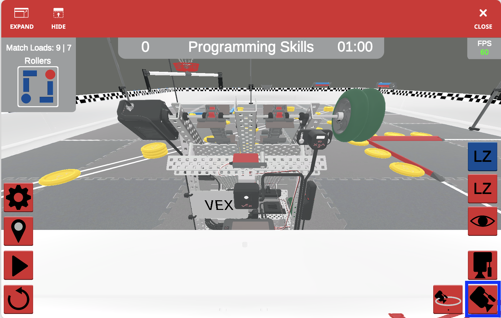 Το παράθυρο V5RC Spin Up Playground δείχνει τον χώρο εργασίας κωδικοποίησης και την προβολή του αγωνιστικού πεδίου