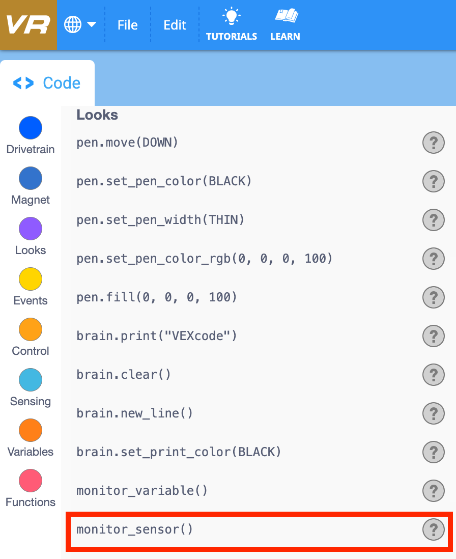 Διεπαφή VEXcode VR Tutorials με ένα έργο Python ανοιχτό για την παρακολούθηση τιμών μεταβλητών και αισθητήρων