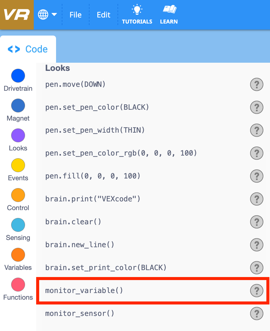 Χώρος εργασίας VEXcode VR Python που δείχνει την Κονσόλα Εκτύπωσης που χρησιμοποιείται για την παρακολούθηση τιμών μεταβλητών και αισθητήρων κατά τη διάρκεια ενός έργου