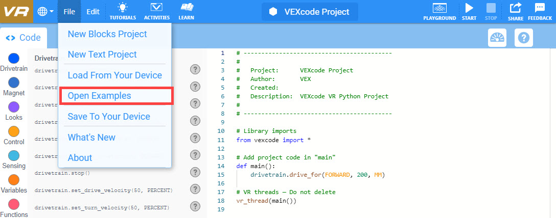 Παράδειγμα έργου Python ανοιχτού στο VEXcode VR με ορατά το Playground και τον επεξεργαστή Python