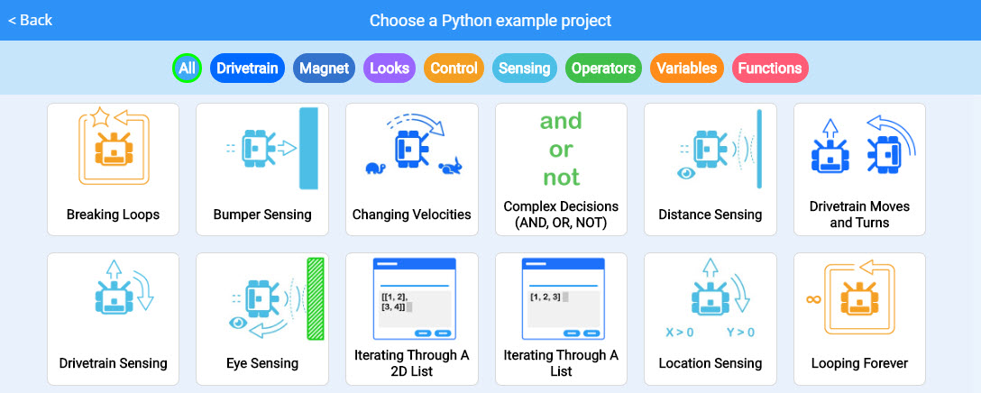 Παράδειγμα έργου Python ανοιχτού στο VEXcode VR με ορατό το εικονικό ρομπότ και τον επεξεργαστή κώδικα