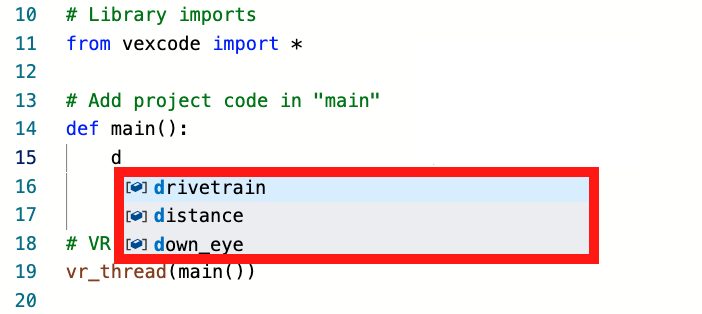 Προτάσεις αυτόματης συμπλήρωσης Python για ένα έργο VEXcode VR