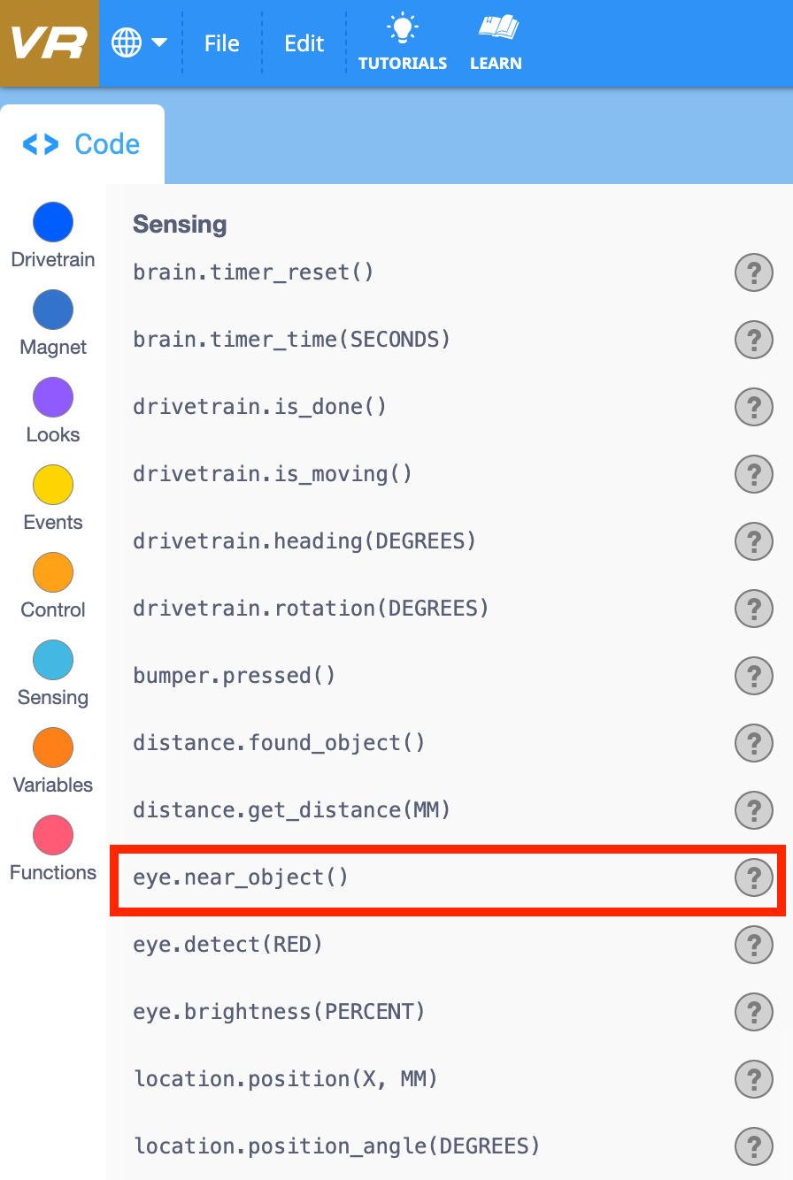 Χώρος εργασίας VEXcode VR Python που εμφανίζει κώδικα Eye Sensor για ένα εικονικό ρομπότ