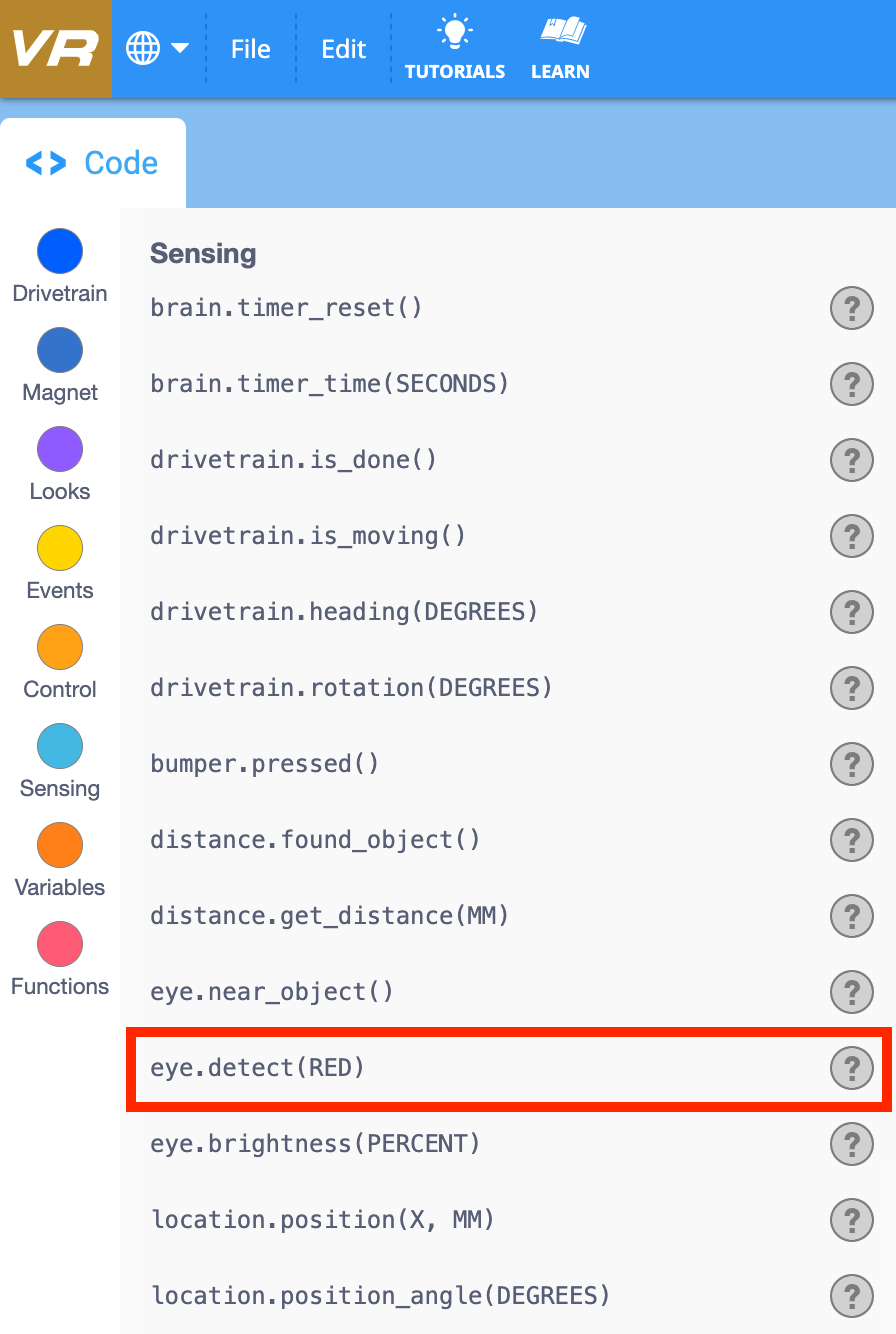 Χώρος εργασίας VEXcode VR Python που δείχνει ένα έργο Eye Sensor για την ανίχνευση χρώματος και φωτεινότητας αντικειμένου