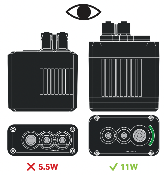 Σύγκριση των VEX Smart Motors που δείχνει λανθασμένο κινητήρα 5,5W και σωστό κινητήρα 11W με την ετικέτα.