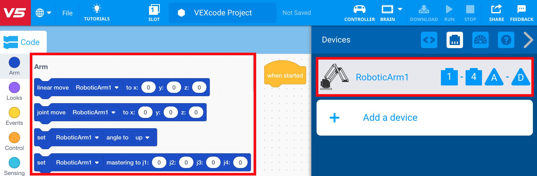 Χώρος εργασίας VEXcode V5 που εμφανίζει μια συσκευή ρομποτικού βραχίονα που προστέθηκε στο μενού Συσκευές. Εμφανίζεται η εργαλειοθήκη μπλοκ και η κατηγορία βραχίονα των μπλοκ είναι πλέον διαθέσιμη και επισημαίνεται.