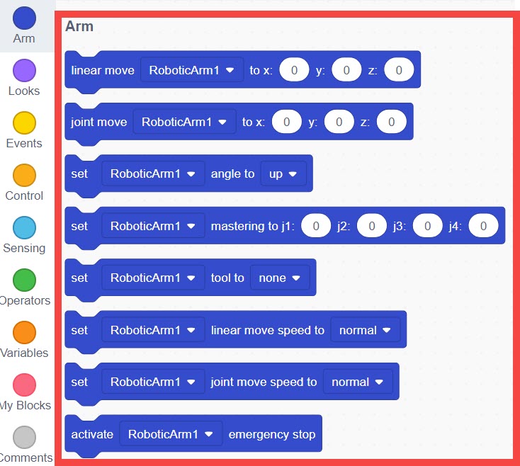 Εμφανίζεται η εργαλειοθήκη μπλοκ VEXcode V5 και η κατηγορία Arm των μπλοκ είναι πλέον διαθέσιμη και επισημαίνεται.