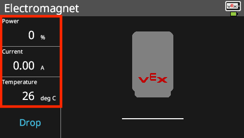 Η οθόνη V5 Brain εμφανίζεται στο μενού πληροφοριών του Ηλεκτρομαγνήτη, το οποίο περιλαμβάνει ένα διάγραμμα της συσκευής, μια λίστα δεδομένων και ένα κουμπί Απόθεσης. Σε αυτό το παράδειγμα, τα δεδομένα έχουν ως εξής: Ισχύς 0%, Ρεύμα 0 A, Θερμοκρασία 26 βαθμοί C.