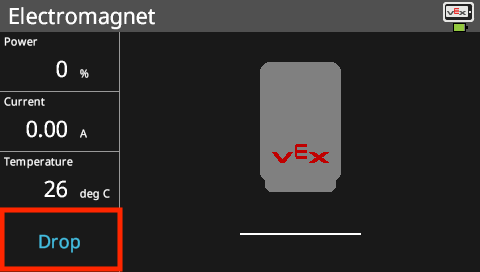 Η οθόνη V5 Brain εμφανίζεται στο μενού πληροφοριών του Ηλεκτρομαγνήτη με επισημασμένο το κουμπί Drop.