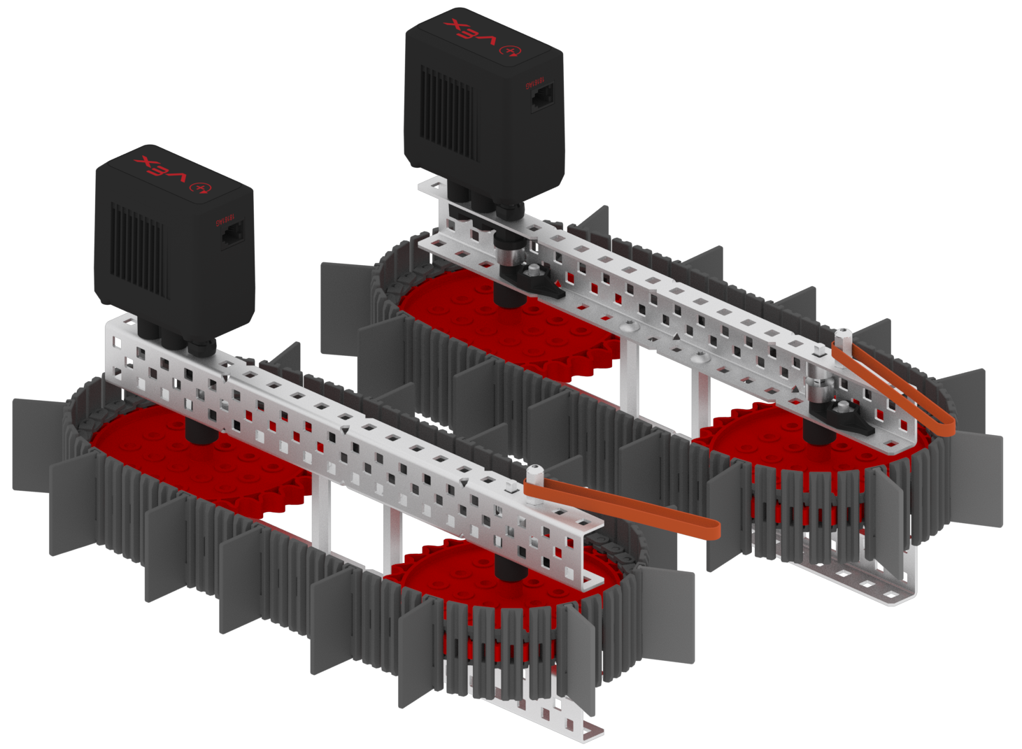 Μηχανισμός V5 Roller Claw που χρησιμοποιεί δύο κινητήρες που τροφοδοτούν δύο διαφορετικούς κυλίνδρους εισαγωγής για τη συλλογή κομματιών παιχνιδιού.