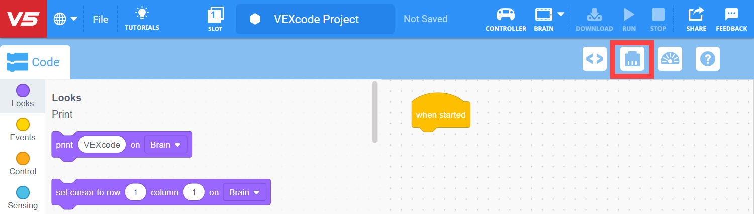 Γραμμή εργαλείων VEXcode V5 με το εικονίδιο Συσκευές επισημασμένο ανάμεσα στα εικονίδια του Προγράμματος Προβολής Κώδικα και της Κονσόλας Παρακολούθησης.