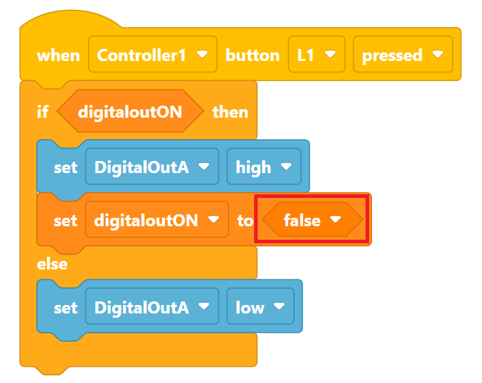 VEXcode V5 Blocks-projekt som läser När Controller1-knapp L1 trycks in, om digitaloutON, sätt DigitalOutA högt och digitaloutON till falskt, annars sätt DigitalOutA lågt.