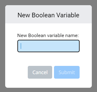 VEXcode V5 med menyn Ny variabel öppen för att skapa en ny boolesk variabel.