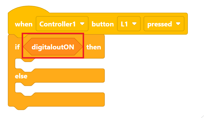 VEXcode V5 Blocks-projekt som läser När Controller1-knappen L1 trycks in, om digitaloutPÅ då, annars.