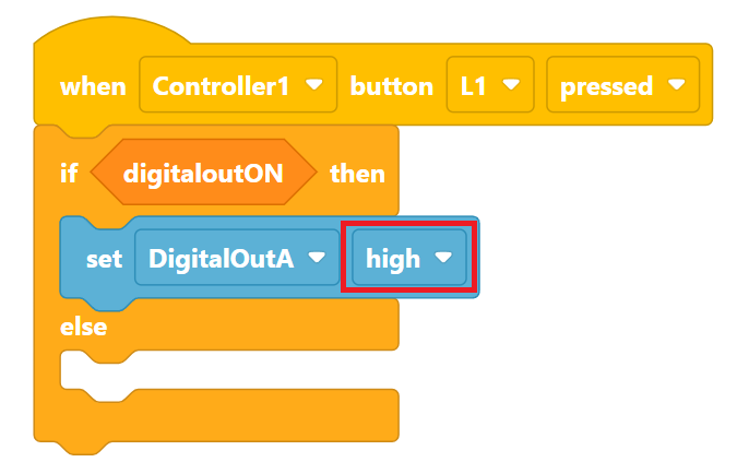 VEXcode V5 Blocks-projekt som läser När Controller1-knappen L1 trycks in, om digitaloutPÅ då DigitalOutA sätts högt, annars.