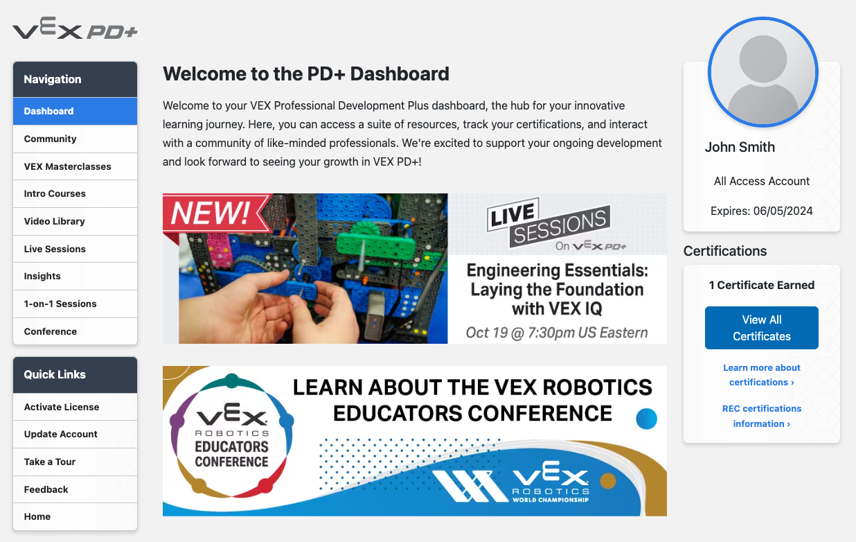 Σελίδα VEX PD+ All Access Dashboard, με πληροφορίες σχετικά με τον λογαριασμό και τις πιστοποιήσεις του χρήστη.