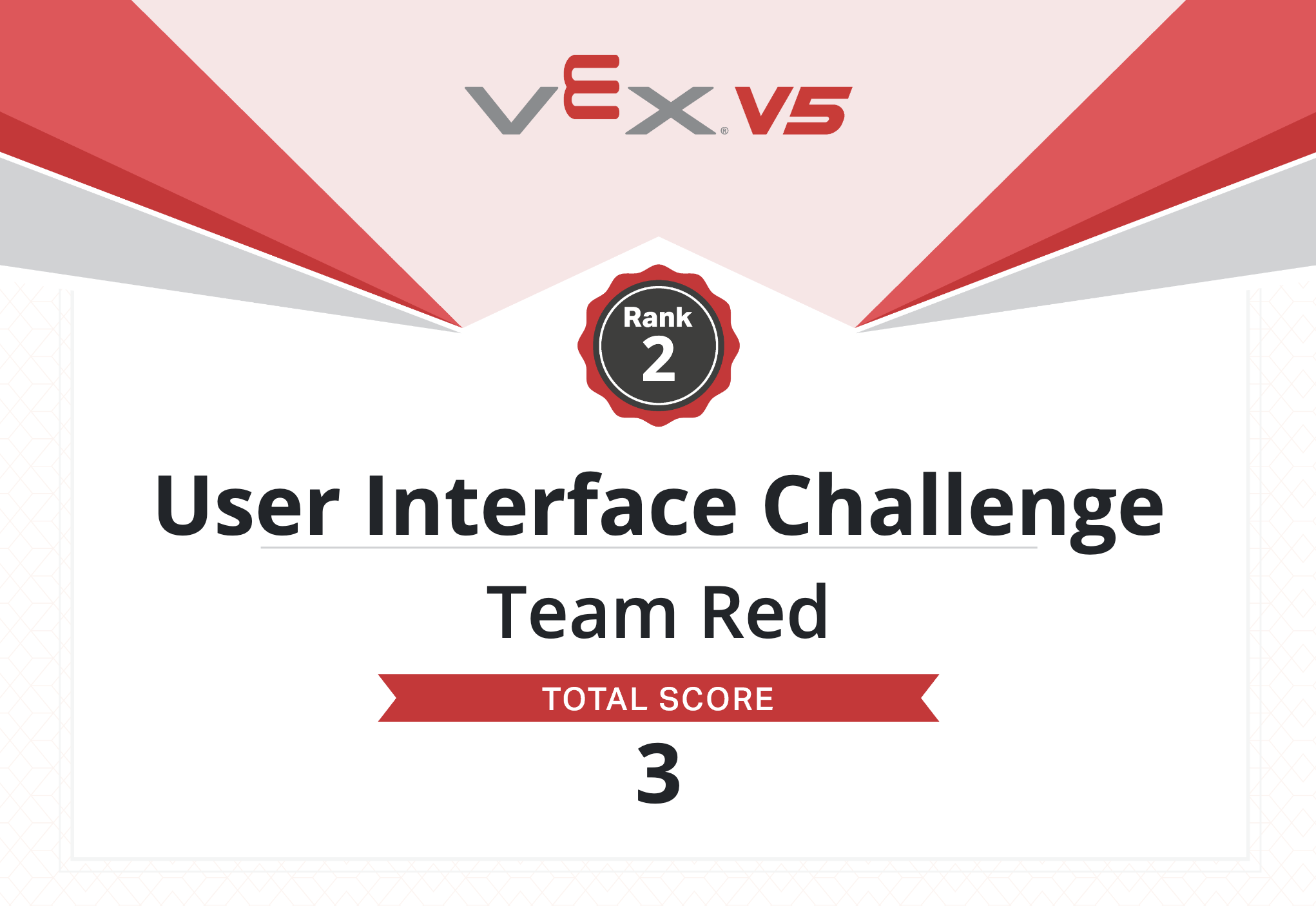 Παράδειγμα πιστοποιητικού ομάδας VEX V5 Leaderboard. Αναφέρει Κατάταξη 2, Πρόκληση Διεπαφής Χρήστη, Κόκκινη Ομάδα, Συνολική βαθμολογία 3.