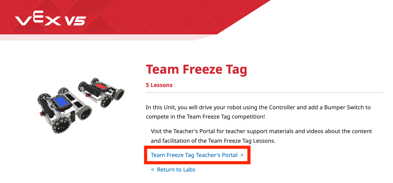Σελίδα Εργαστηρίου STEM της ετικέτας VEX V5 Team Freeze Tag, με τον σύνδεσμο Πύλης Εκπαιδευτικού να επισημαίνεται σε κόκκινο πλαίσιο.