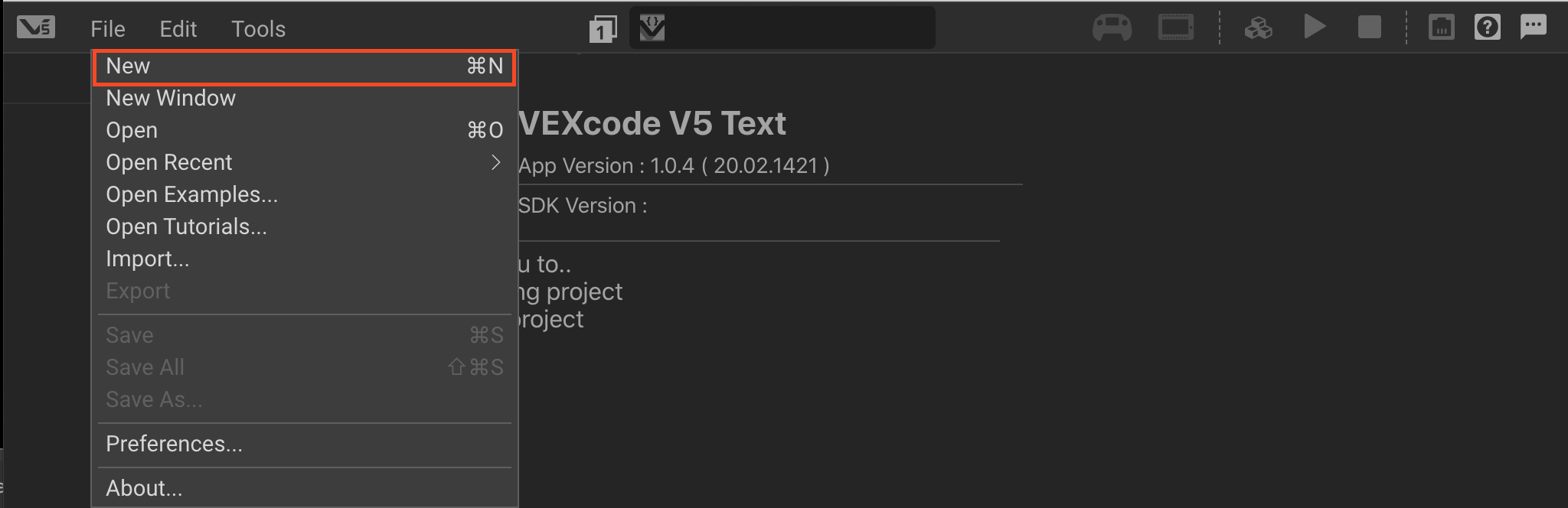 VEXcode Pro V5 με επιλεγμένο το μενού Αρχείο και επισημασμένη την επιλογή Νέο.